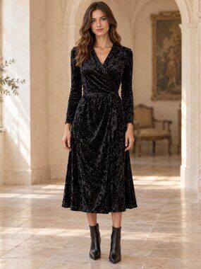 & Other Stories Black Crushed Velvet Wrap Midi Dress 10 Holiday Cocktail Classic